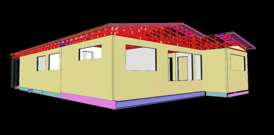 3D model of a house's wall frames and roof trusses