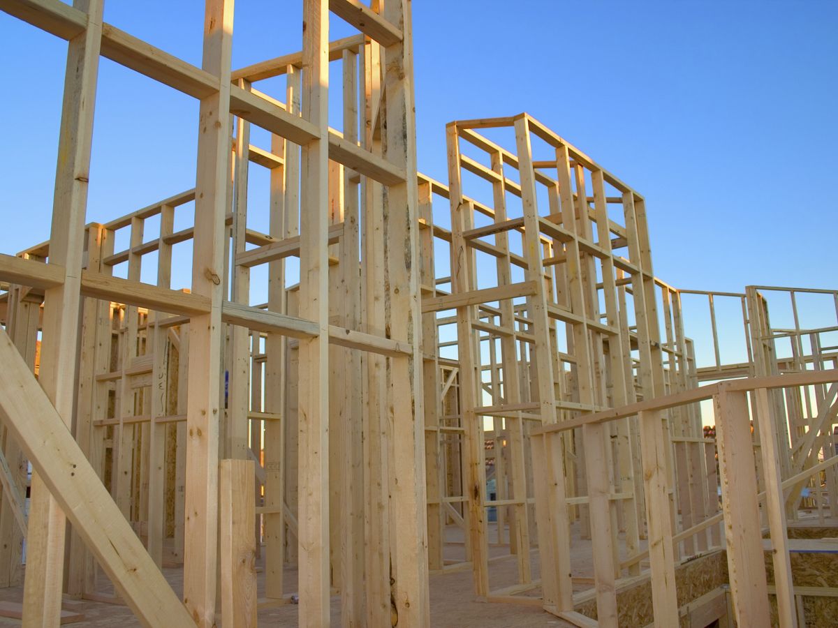 Timber wall frames standing on a slab